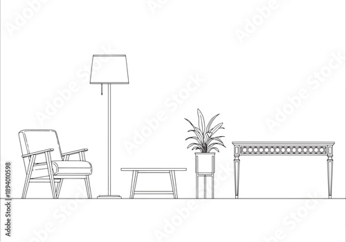 Minimalist interior sketch of a living room with armchair, floor lamp, coffee table, plant and console table.