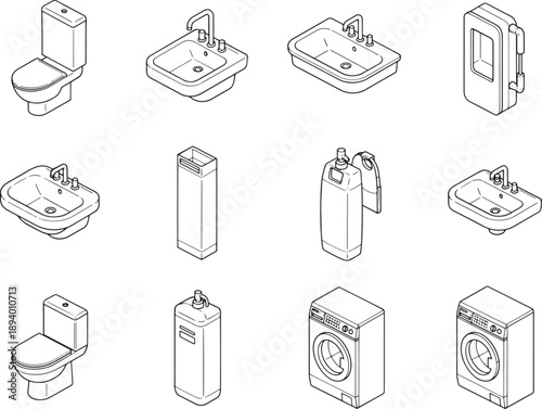 Collection of various isometric bathroom fixtures and facilities. Detailed line art rendering of essential elements of hygiene and cleanliness.