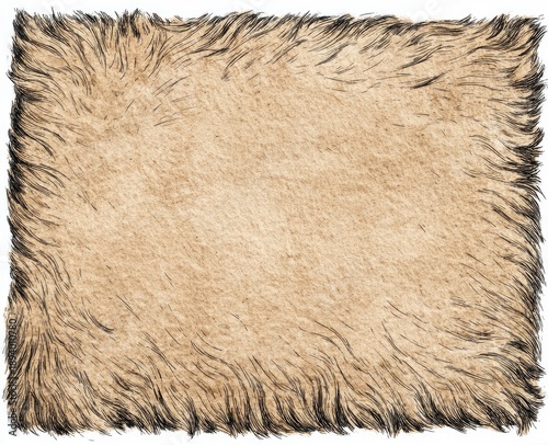 Rectangular, textured illustration of a faux fur rug with detailed light brown and black hues