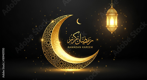 Ramadan Kareem Greeting Design with Glowing Lantern and Crescent Moon