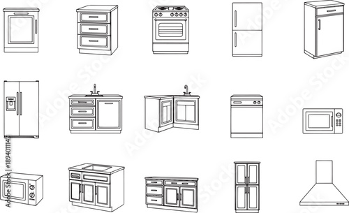 Collection of minimalistic kitchen appliances with detailed line art. showcasing the essential elements of a modern cooking space. 