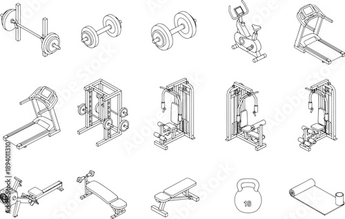An organized array of exercise equipment, meticulously displayed and rendered in a detailed outline, highlighting the tools for comprehensive fitness routines.