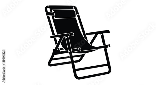 A minimalist depiction of a black beach chair against a white background showcasing a striking silhouette high quality professional detailed