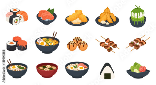 Assorted Japanese cuisine illustrations featuring sushi, ramen, tempura, and yakitori dishes on various plates and bowls from a top-down view.