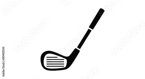 A striking black silhouette depicts a golf club angled diagonally across a plain white background showcasing the sport s equipment silhouette