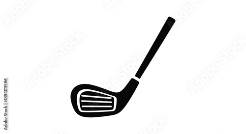 A stark black silhouette of a golf club featuring a distinct head and shaft dominates a plain white background silhouette