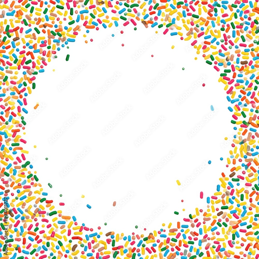 Fototapeta premium A ring of colorful, elongated sprinkles surrounds a white, circular space