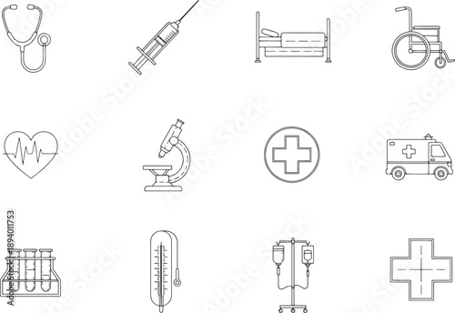 A collection of medical and healthcare icons, rendered in a simple, minimalist line art style, which evokes the essence of medical care and technological innovation. 
