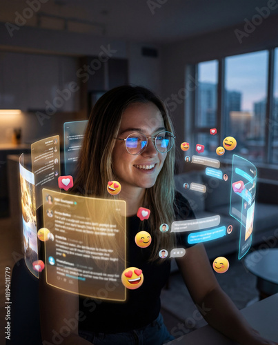 Young woman viewing futuristic holographic social media interface with emojis