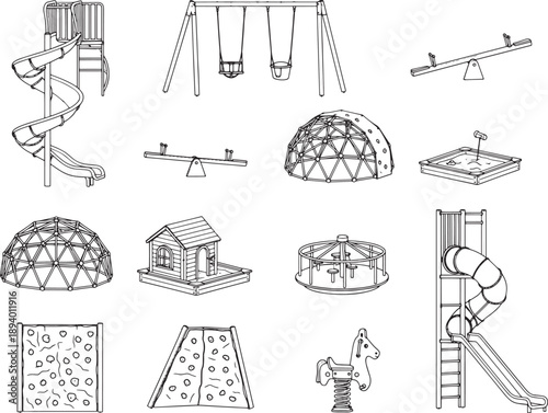 A captivating collection of playground structures, meticulously crafted in an illustration, showcasing an array of engaging equipment.