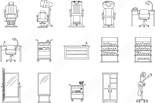 A detailed set of vector-style illustrations showcase essential salon and spa equipment.