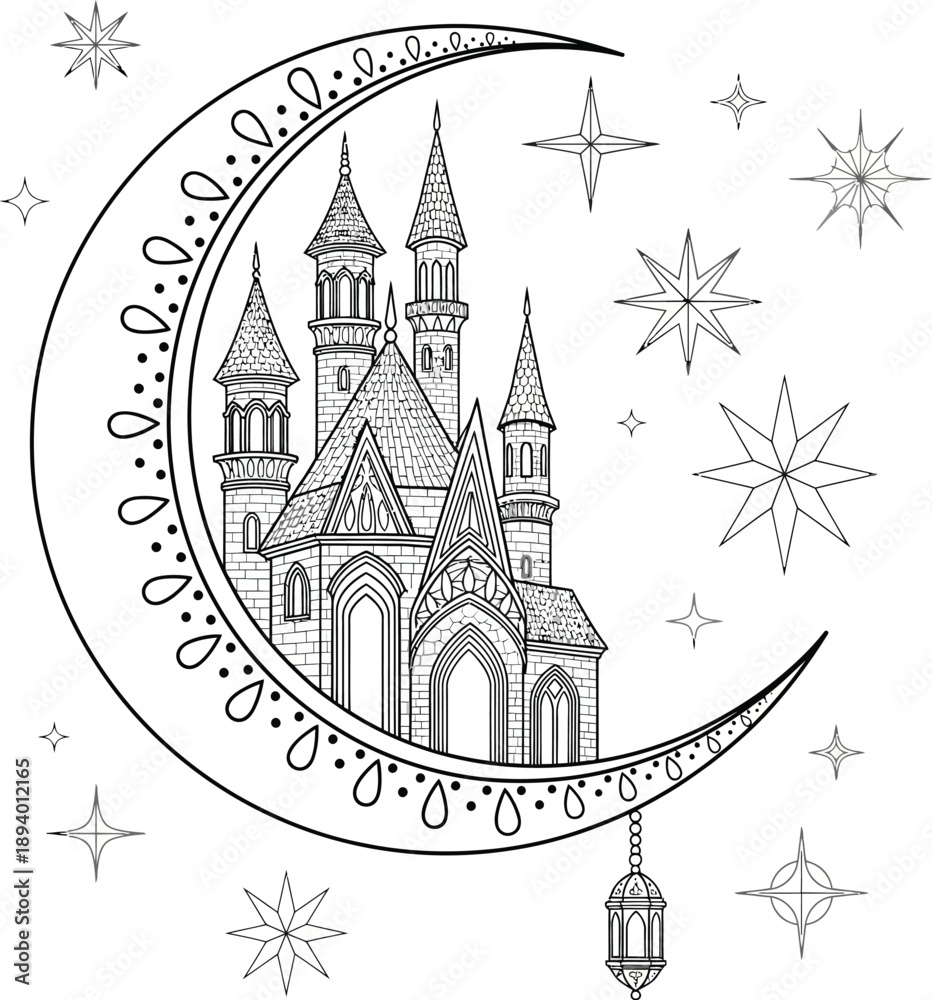 Fototapeta premium Whimsical Gothic Castle on an Ornate Crescent Moon with a Hanging Lantern.