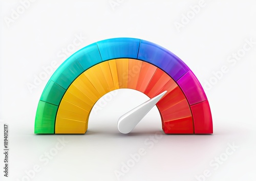 Colorful semi-circular gauge indicates a rising level with an arrow, isolated on white