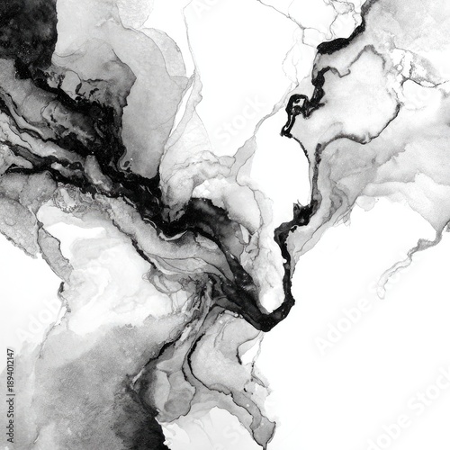 Abstract black and white ink art with flowing lines and wispy textures, resembling clouds