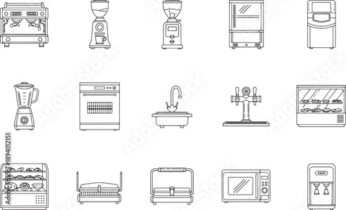 A comprehensive collection of kitchen appliances, meticulously crafted in a line art style.