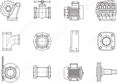 A collection of meticulously detailed blueprints, showcasing various industrial machine components, drawn in a precise, technical style. 