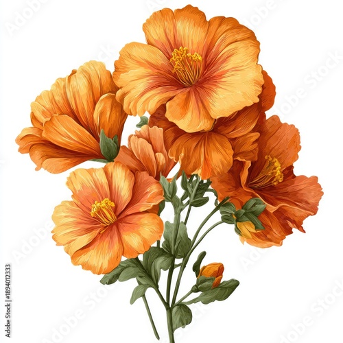 Wallpaper Mural A cluster of vibrant orange flowers with yellow centers and green foliage against white Torontodigital.ca