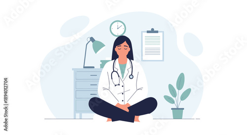 A professional female doctor sitting at a clinic tired expression, medical healthcare, in a modern hospital office