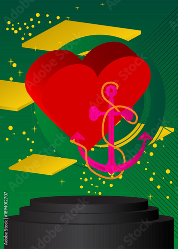 Mockup product display with Heart and Anchor. Vector cylinder pedestal podium. Stage showcase for presentation. Minimal geometric forms.