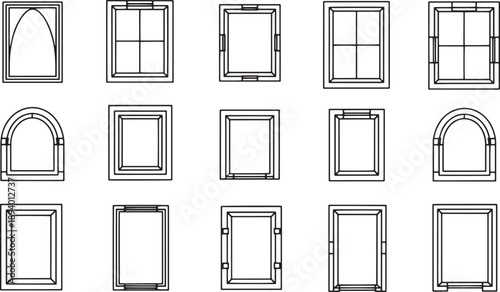 A collection of architectural windows, showcasing a variety of shapes and designs, captured in a clean and precise line art illustration, ideal for architectural and design concepts.