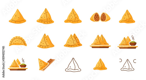 Samosa Vector Icon Set: Indian Fried Pastry, Snacks, and Chutney Illustrations