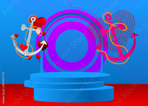 Mockup product display with Heart and Anchor. Vector cylinder pedestal podium. Stage showcase for presentation. Minimal geometric forms.