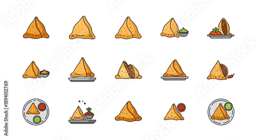 Samosa Icon Collection with Chutney, Indian Street Food Vector Illustration, Hand Drawn Snack Doodles, Crispy Pastry with Dipping Sauce