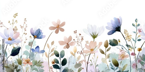 Watercolor illustration of a meadow, featuring various flowers and greenery against a white background