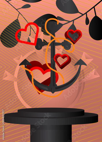 Mockup product display with Heart and Anchor. Vector cylinder pedestal podium. Stage showcase for presentation. Minimal geometric forms.