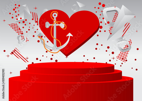 Mockup product display with Heart and Anchor. Vector cylinder pedestal podium. Stage showcase for presentation. Minimal geometric forms.