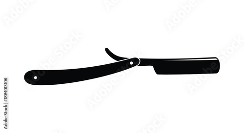 A stark black silhouette of a classic straight razor lies horizontally against a plain white background a timeless tool silhouette