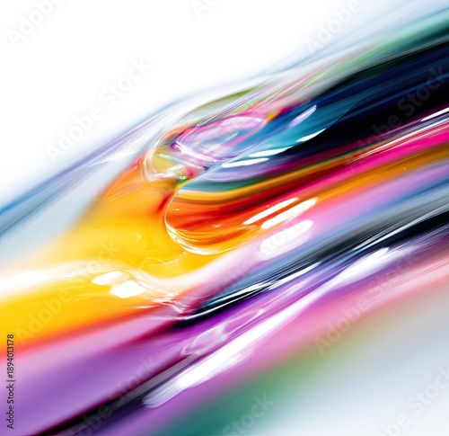 Abstract, vibrant streaks of color blend dynamically against a bright white backdrop