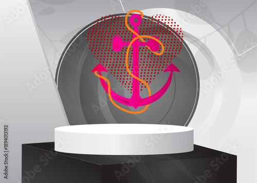 Mockup product display with Heart and Anchor. Vector cylinder pedestal podium. Stage showcase for presentation. Minimal geometric forms.