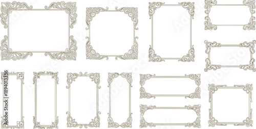 Vintage ornamental frames collection with classic floral borders illustration set, elegant decorative line art vector design
