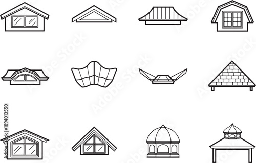 A variety of different types of roof, depicted in clean and simple line art, showing its unique architectural styles.