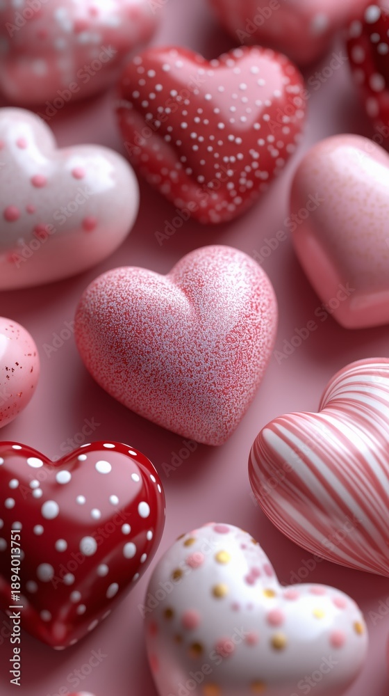Obraz premium Glossy red and pink hearts with polka dots, perfect romantic background for Valentine’s Day promotions and greetings