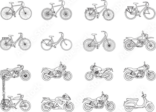 A variety of bicycles and motorcycles are arranged in an organized fashion, emphasizing the design.