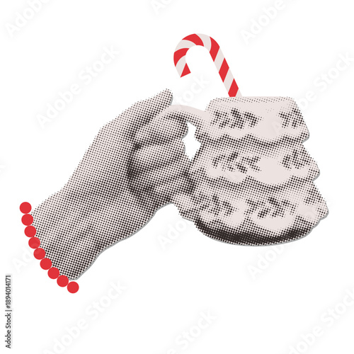 Hand holding a Christmas mug of warm drink with candy cane on transparent background. Fun vector halftone collage cozy sticker