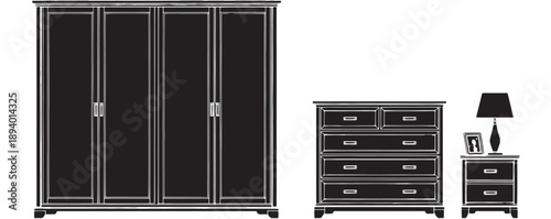 Elegant bedroom furniture arrangement, featuring a wardrobe, a chest of drawers, and a bedside table with a lamp, capturing the essence of home decor and interior design.