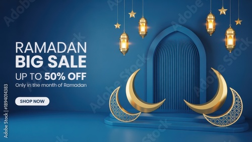 Ramadan Big Sale Banner with Blue Background, Golden Lanterns, and Crescents for Marketing Promotion