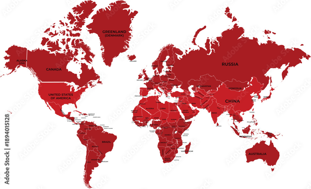 Obraz premium Red Political World Map Vector with Country Names - Isolated Global Geography Illustration