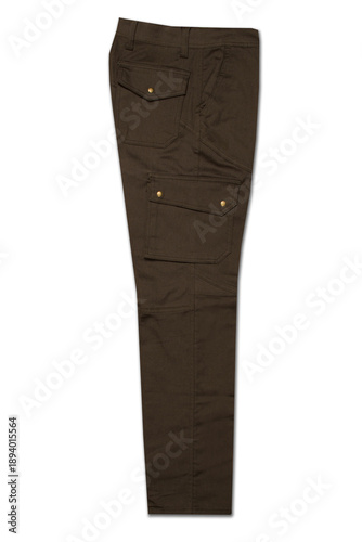 Professional studio shot of brown tactical cargo pants featuring utility pockets, isolated on white background for workwear and outdoor apparel.
