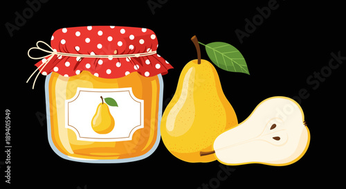 Clear jar of sweet pear jam next to a whole yellow pear and a half slice on a solid black background for food product marketing designs.