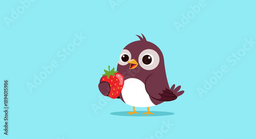 Little purple and white bird holding a fresh red strawberry in its beak on a bright blue background for garden and fruit-themed art.