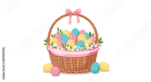 Classic wicker basket filled with colorful easter eggs and white spring flowers with a pink ribbon for festive holiday celebrations.