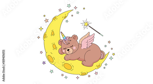Adorable bear with a unicorn horn and wings sleeping peacefully on a yellow crescent moon surrounded by stars and a magic wand for nursery.