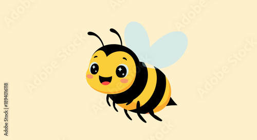 Small friendly bumblebee with big sparkling eyes and a happy smile flying on a light cream background for nature and insect education.