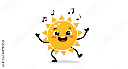 Happy dancing sun character with a smiling face and musical notes floating in the air on a white background for summer vacation themes.