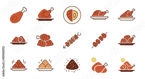 Tandoori chicken and roasted poultry icons set, Indian cuisine food symbols in flat line art style
