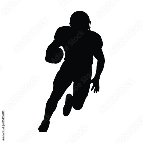 Flat minimalist black American football player silhouette icon running with ball tucked, in dynamic action pose wearing helmet and pads.